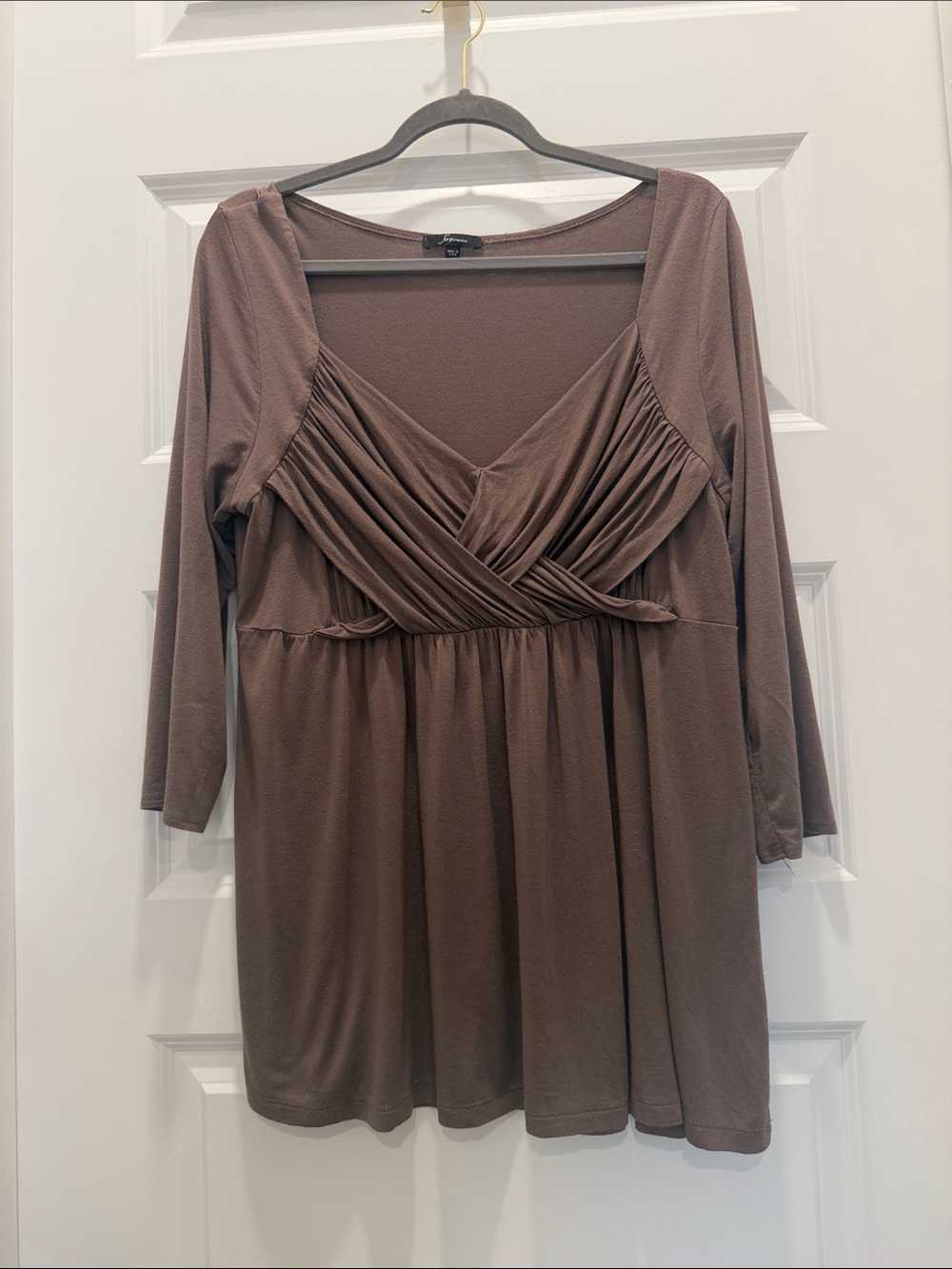 Soprano Taupe Brown Ruched V-Neck Blouse